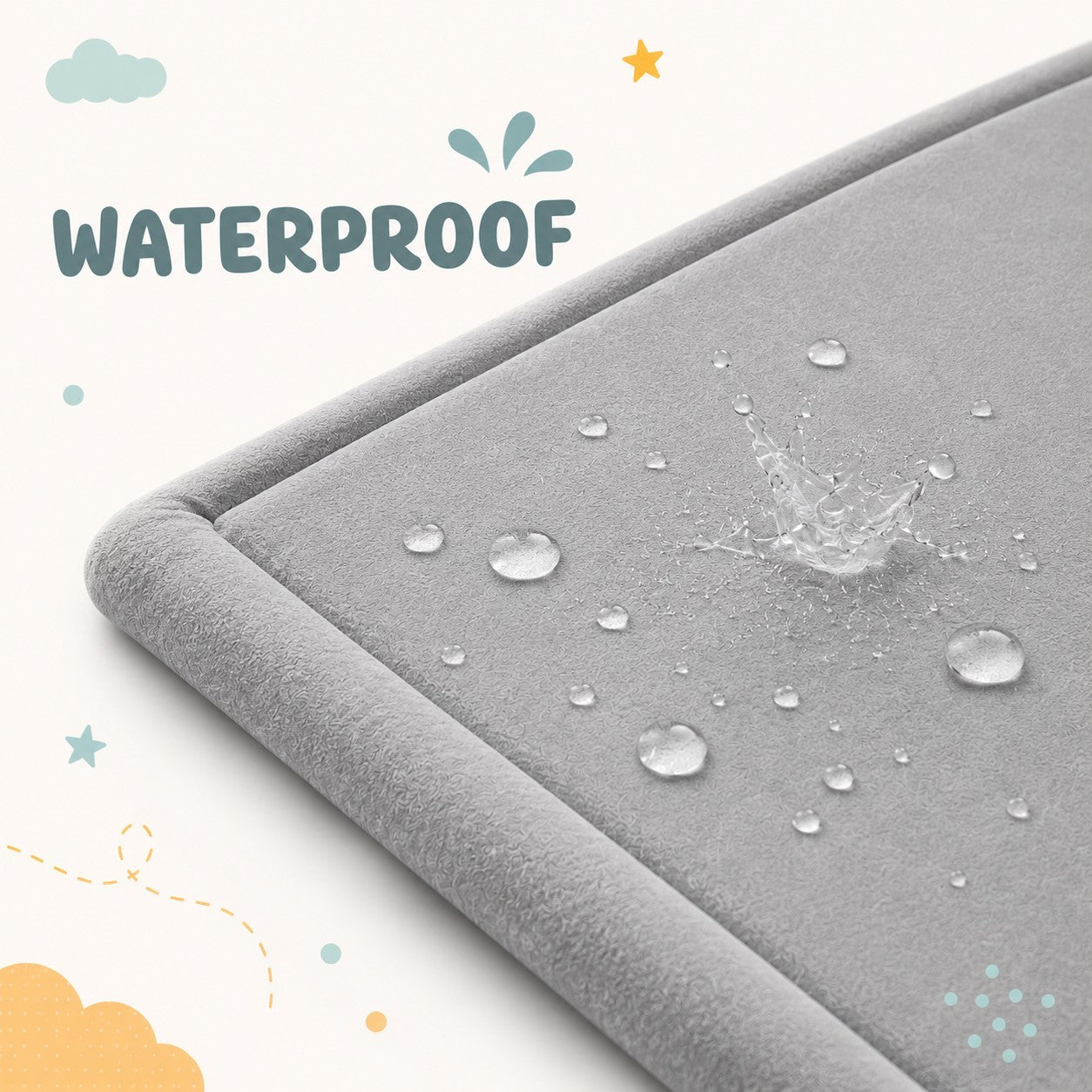 Детски Мемори Килим GINGER HOME LOLLA, 150x200 см, 3,5 см Дебелина, Кадифено Мек Водоустойчив Горен Слой, Мемори Пяна, Противохлъзгаща Основа, Сив