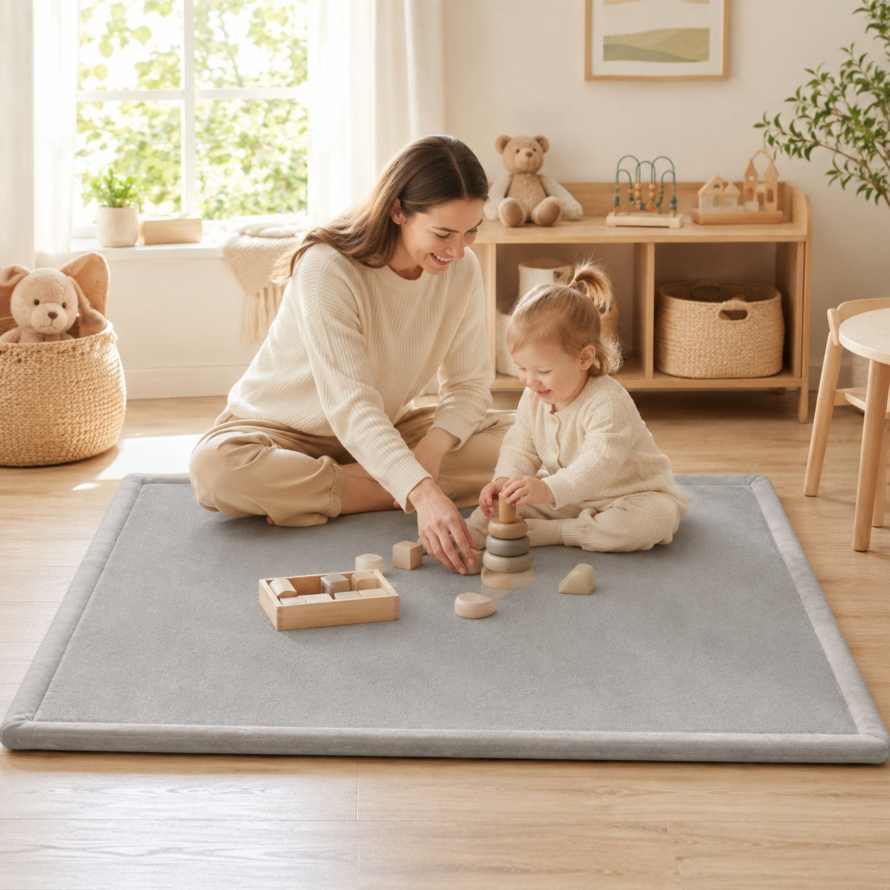 Детски Мемори Килим GINGER HOME LOLLA, 150x200 см, 3,5 см Дебелина, Кадифено Мек Водоустойчив Горен Слой, Мемори Пяна, Противохлъзгаща Основа, Сив