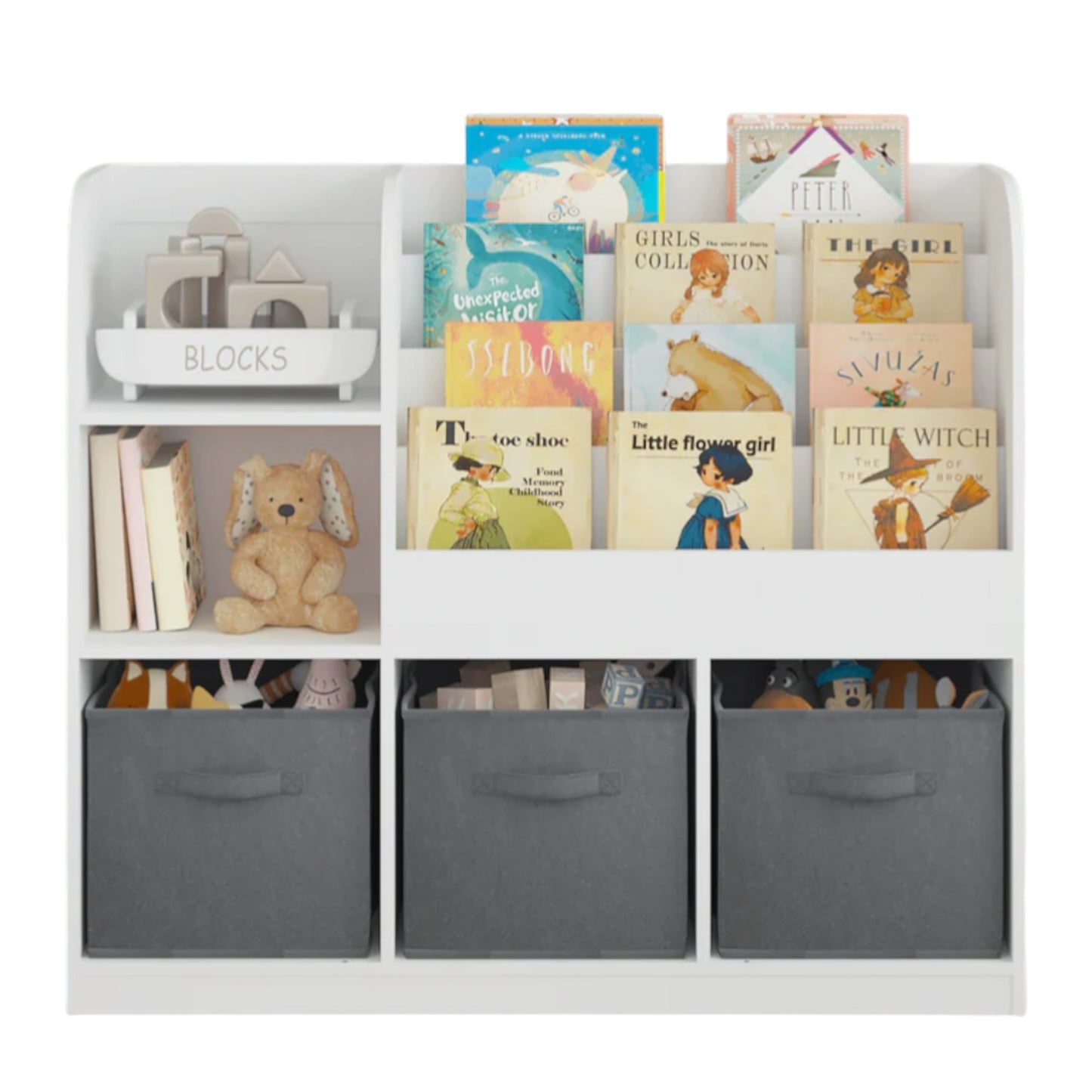 Детски Органайзер GINGER HOME, Етажерка с Рафтове за Играчки и Книги, 3 Текстилни Кутии, Дървен, Бял, 92x30x80 см, Монтесори