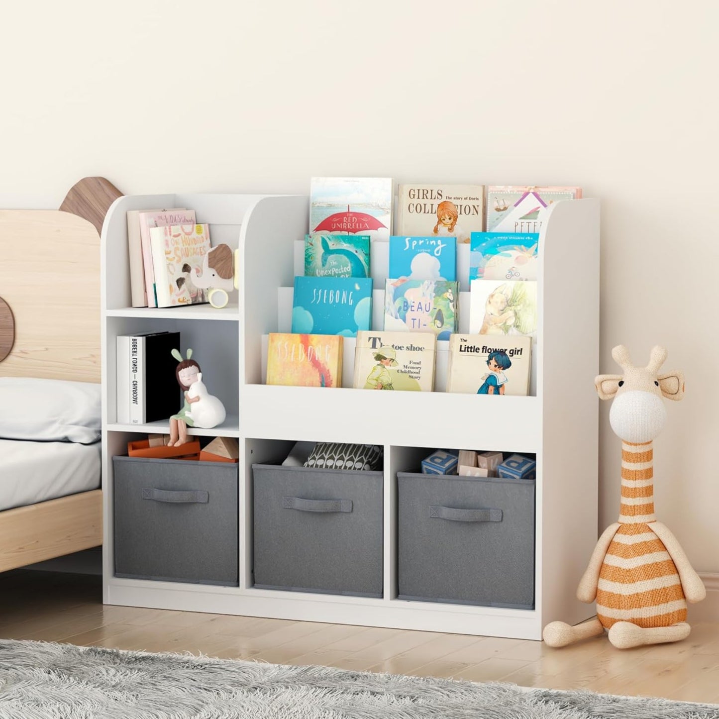 Детски Органайзер GINGER HOME, Етажерка с Рафтове за Играчки и Книги, 3 Текстилни Кутии, Дървен, Бял, 92x30x80 см, Монтесори