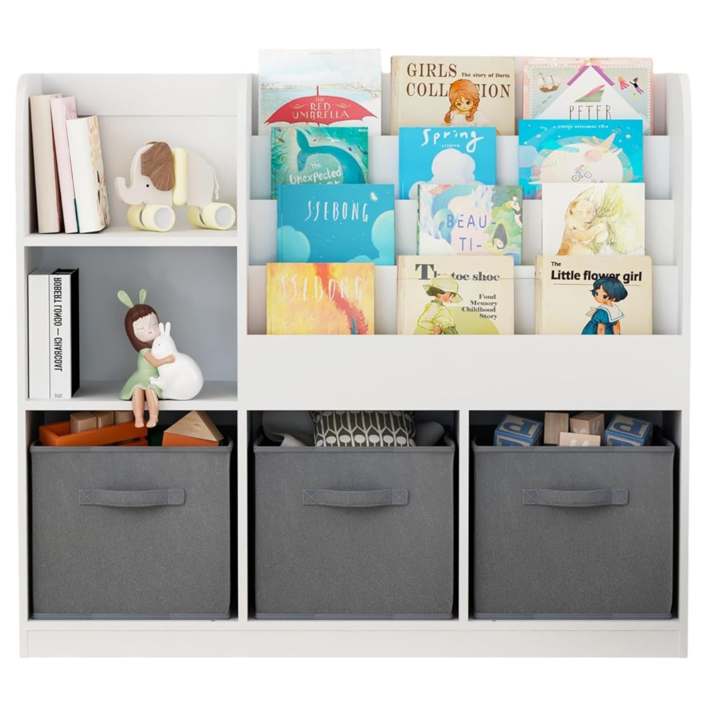 Детски Органайзер GINGER HOME, Етажерка с Рафтове за Играчки и Книги, 3 Текстилни Кутии, Дървен, Бял, 92x30x80 см, Монтесори