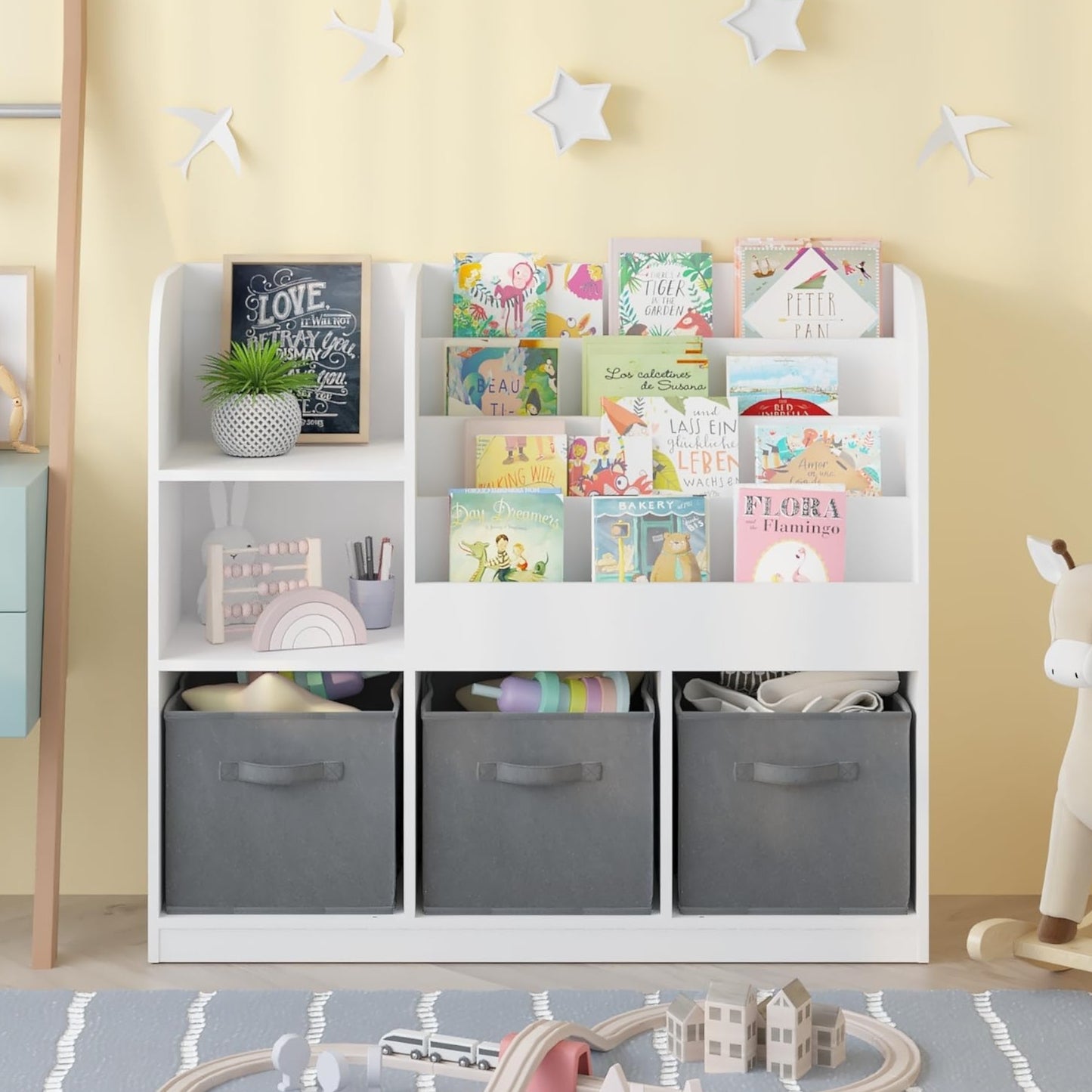 Детски Органайзер GINGER HOME, Етажерка с Рафтове за Играчки и Книги, 3 Текстилни Кутии, Дървен, Бял, 92x30x80 см, Монтесори