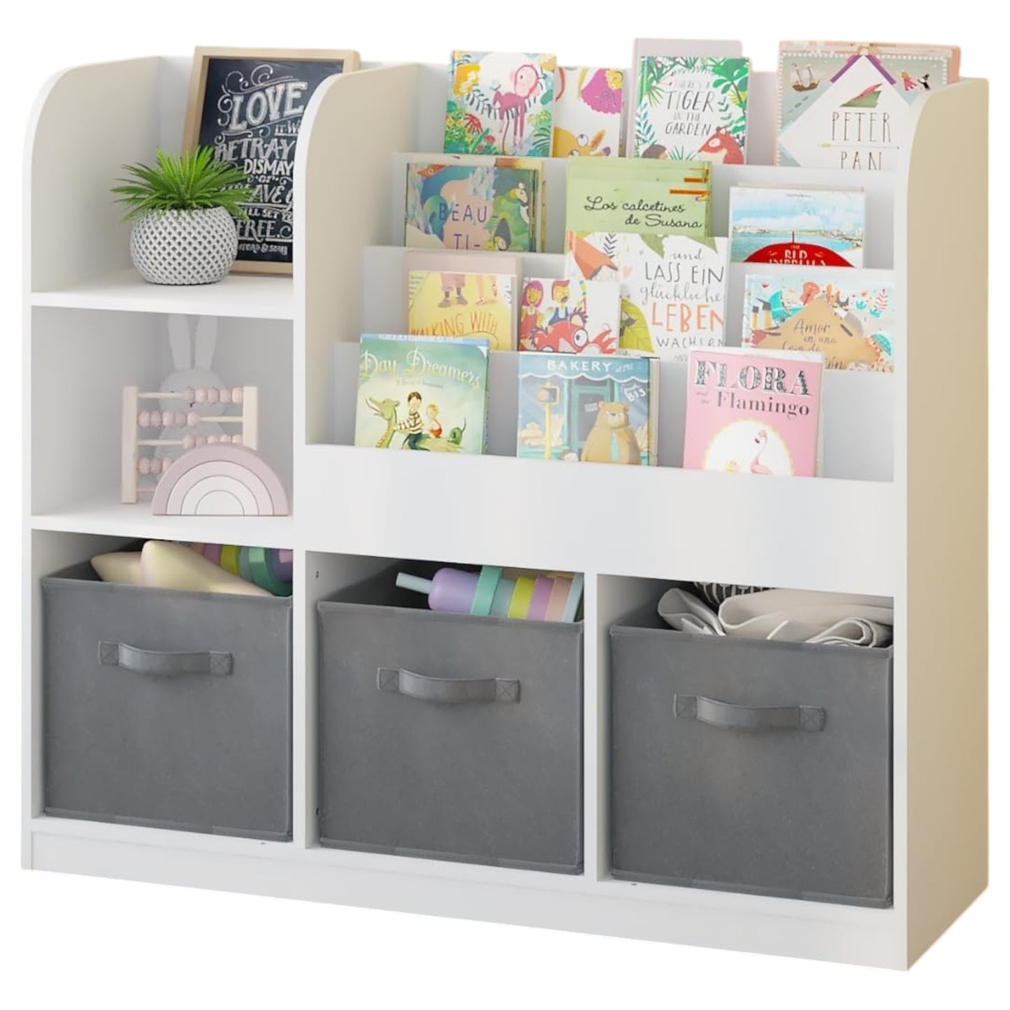 Детски Органайзер GINGER HOME, Етажерка с Рафтове за Играчки и Книги, 3 Текстилни Кутии, Дървен, Бял, 92x30x80 см, Монтесори