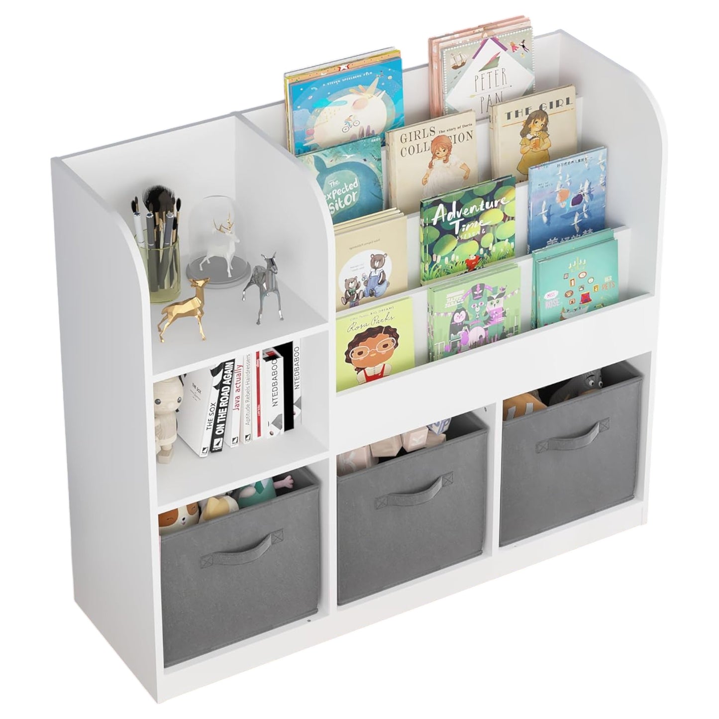 Детски Органайзер GINGER HOME, Етажерка с Рафтове за Играчки и Книги, 3 Текстилни Кутии, Дървен, Бял, 92x30x80 см, Монтесори