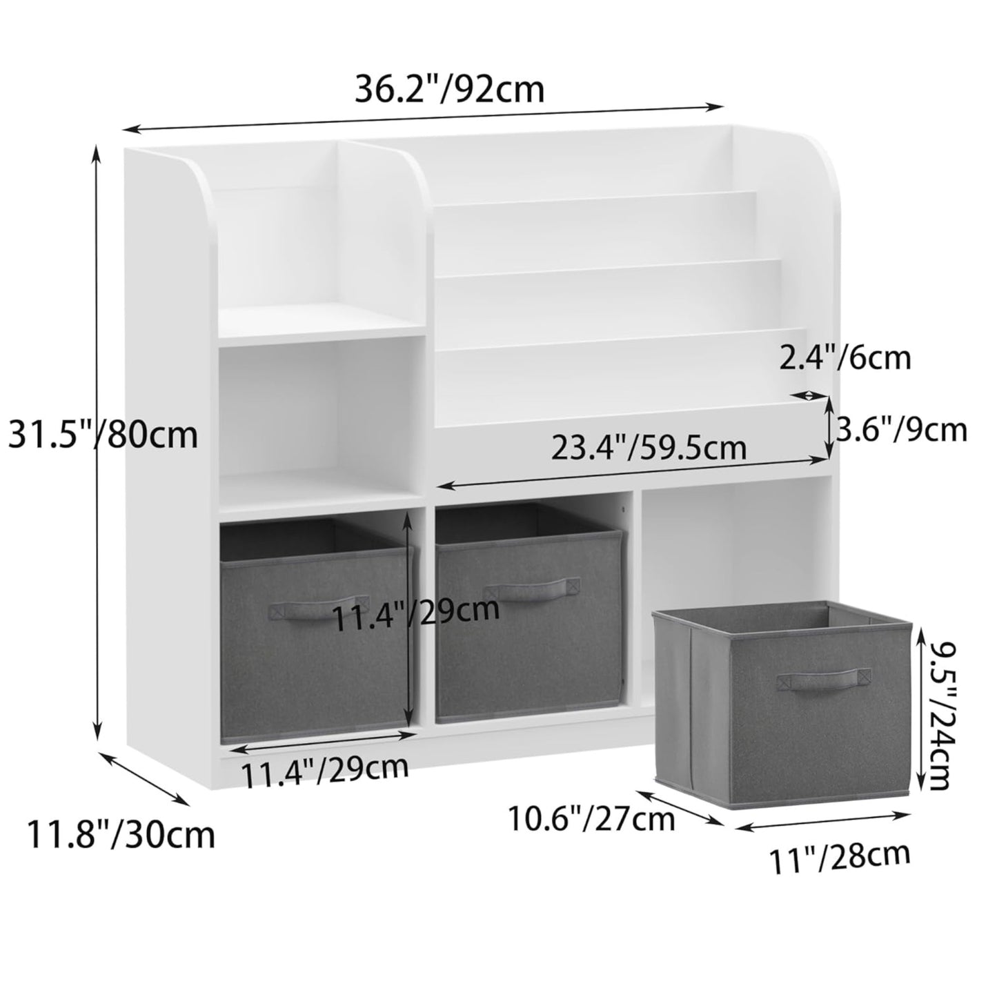 Детски Органайзер GINGER HOME, Етажерка с Рафтове за Играчки и Книги, 3 Текстилни Кутии, Дървен, Бял, 92x30x80 см, Монтесори
