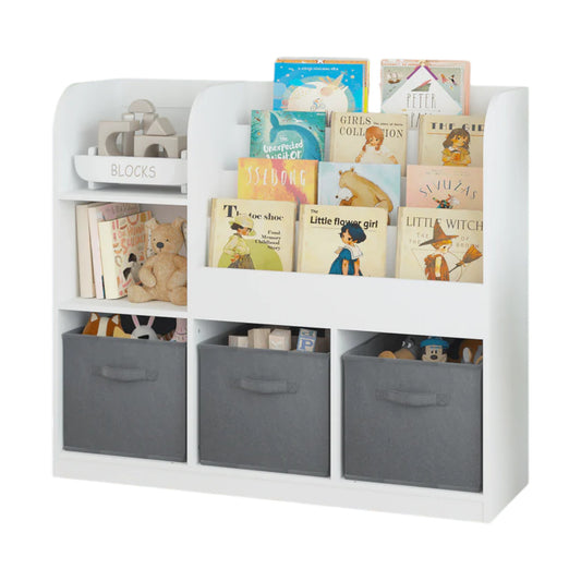 Organizzatore per bambini GINGER HOME, Libreria con ripiani per giocattoli e libri, 3 scatole tessili, in legno, bianco, 92x30x80 cm, Montessori