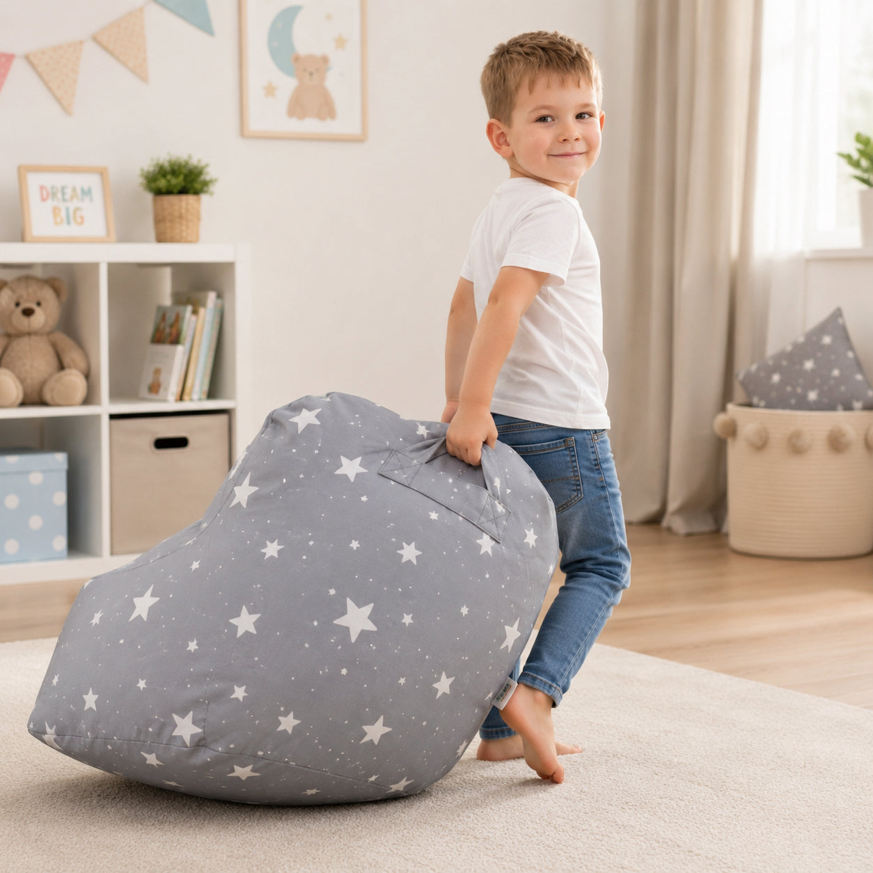 Момче Премества Лек Детски Пуф Кресло GINGER HOME Little Stars С Дръжка
