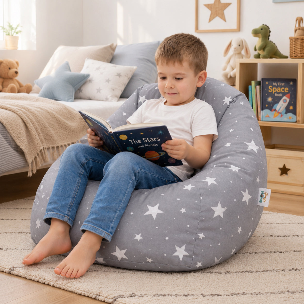 Дете Чете Книжка В Сив Детски Пуф Кресло GINGER HOME Little Stars