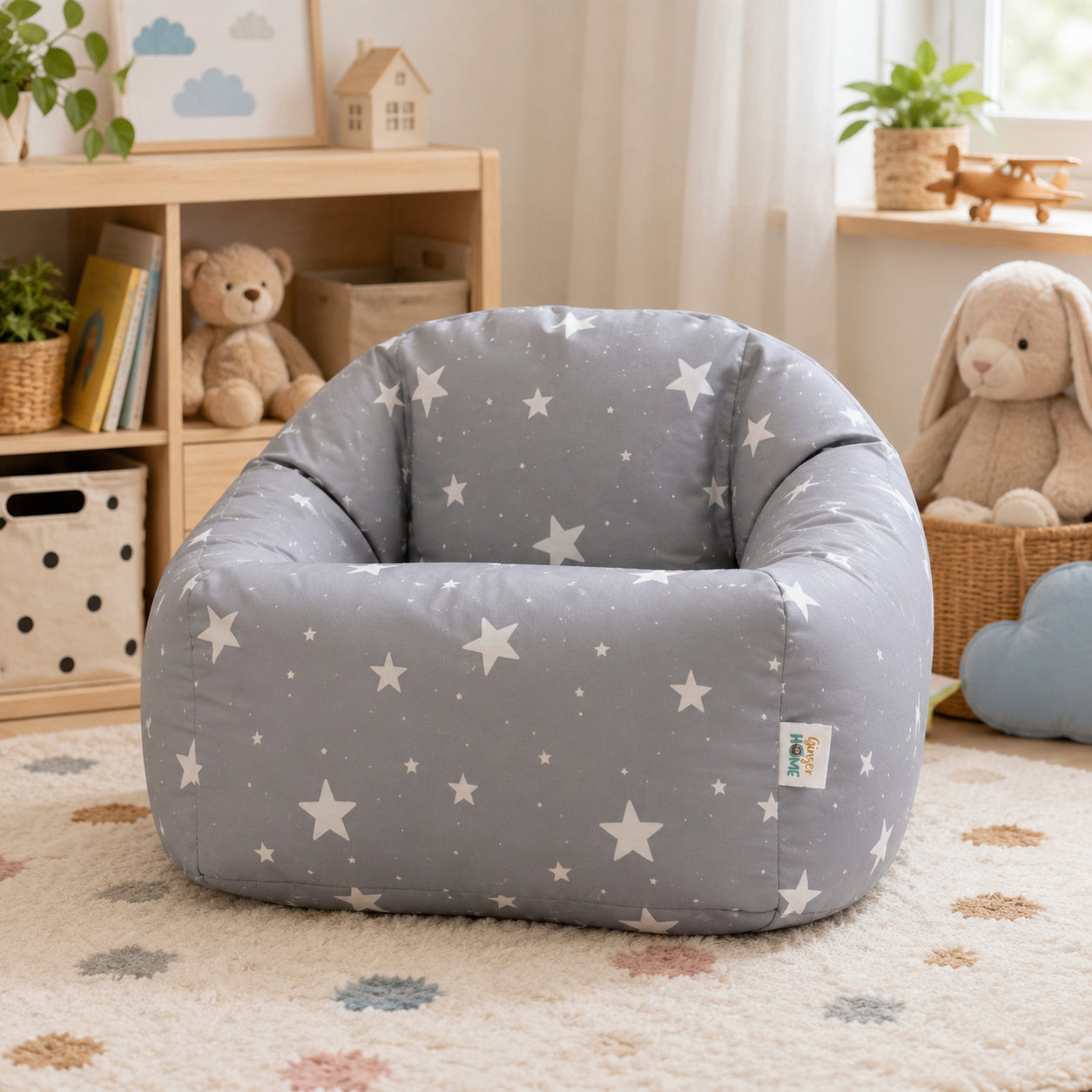 Сив Детски Пуф Кресло Със Звезди GINGER HOME Little Stars В Детска Стая