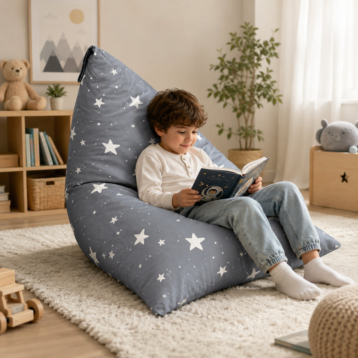 Детски Пуф Лежанка GINGER HOME Little Stars, Сив Барбарон за четене и релакс в детска стая