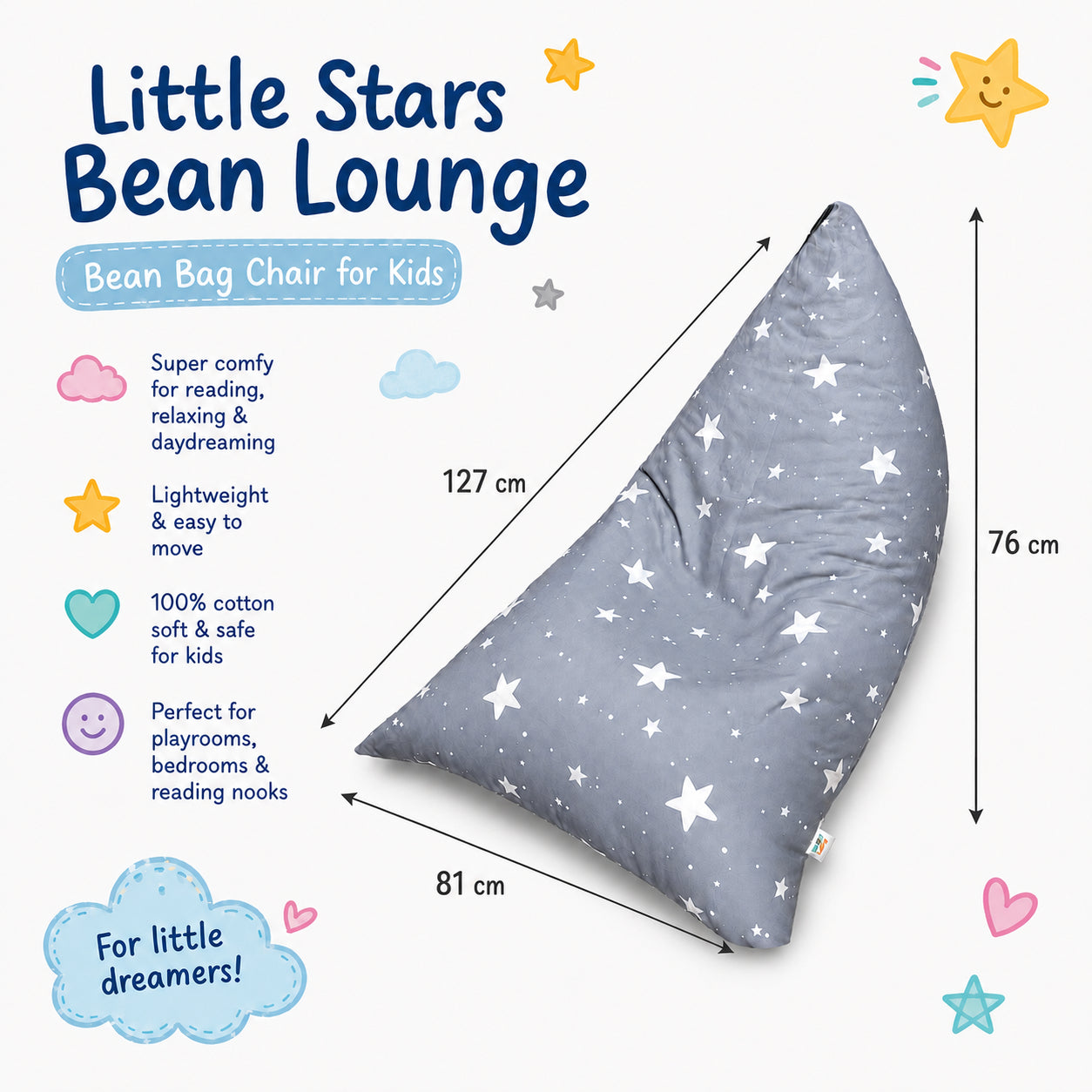 Размери на Детски Пуф Лежанка GINGER HOME Little Stars, 127x81x76 см, Сив Барбарон