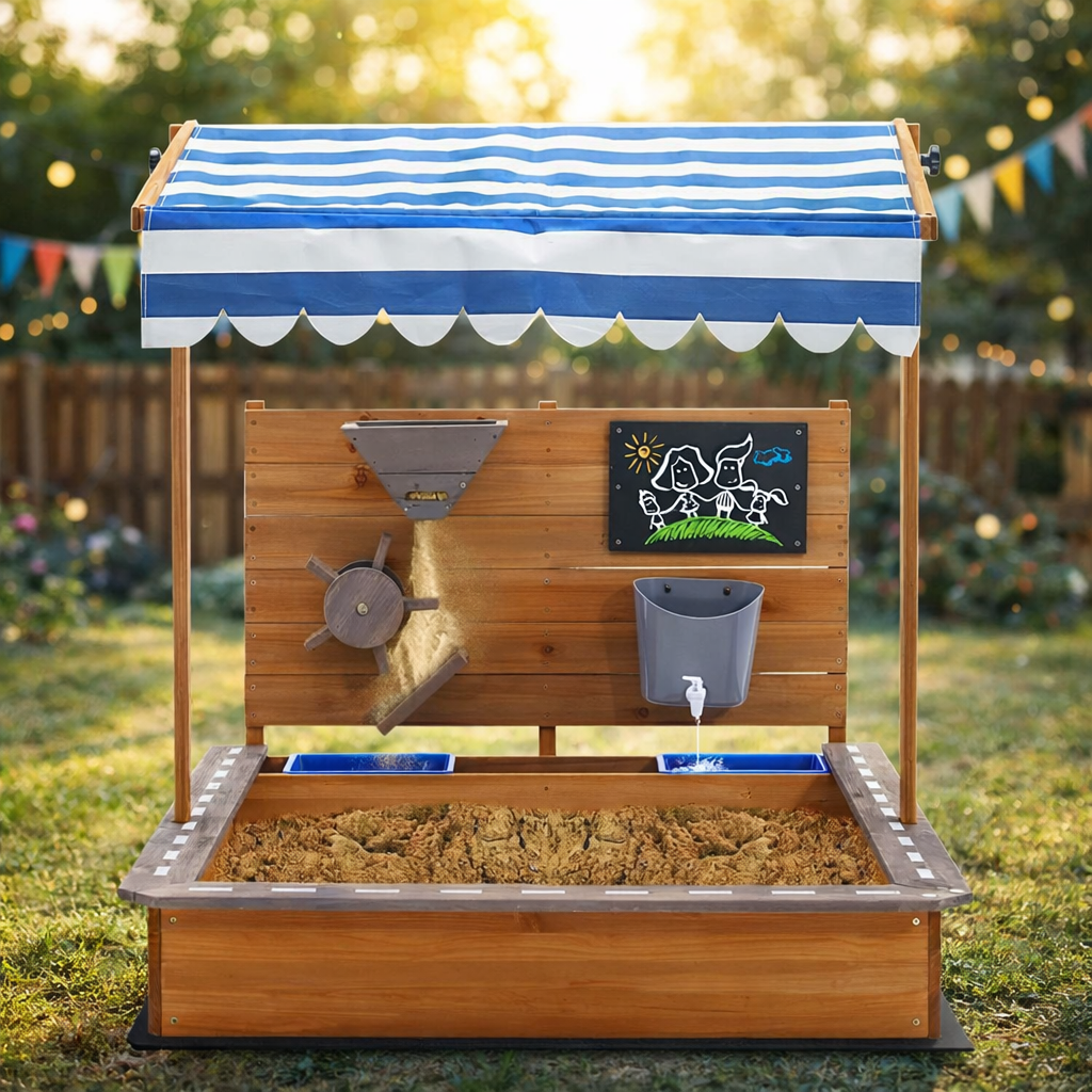 Детски дървен пясъчник GINGER HOME – щастливо дете по време на игра