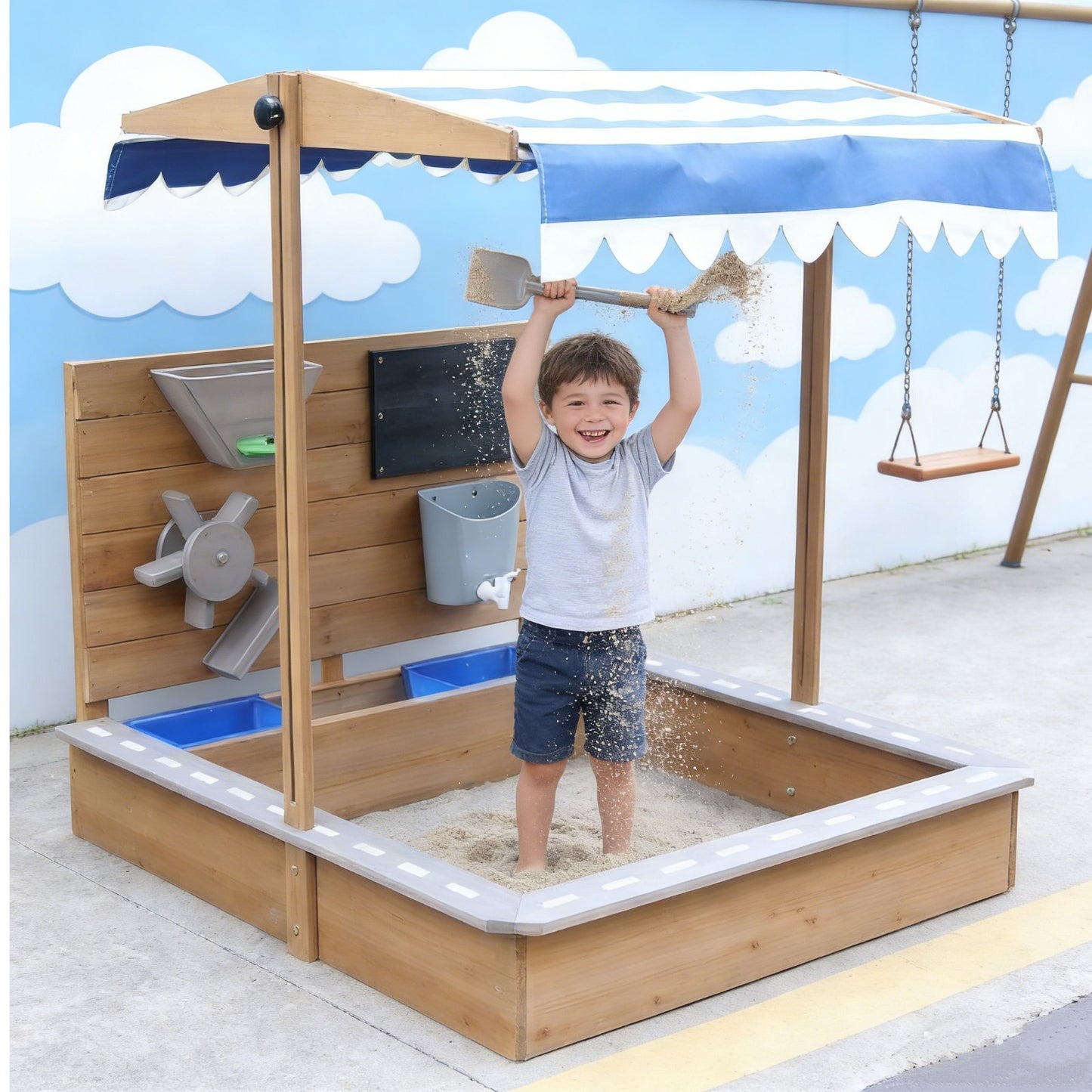 Детски пясъчник GINGER HOME със сенник, пясъчна мелница и черна дъска