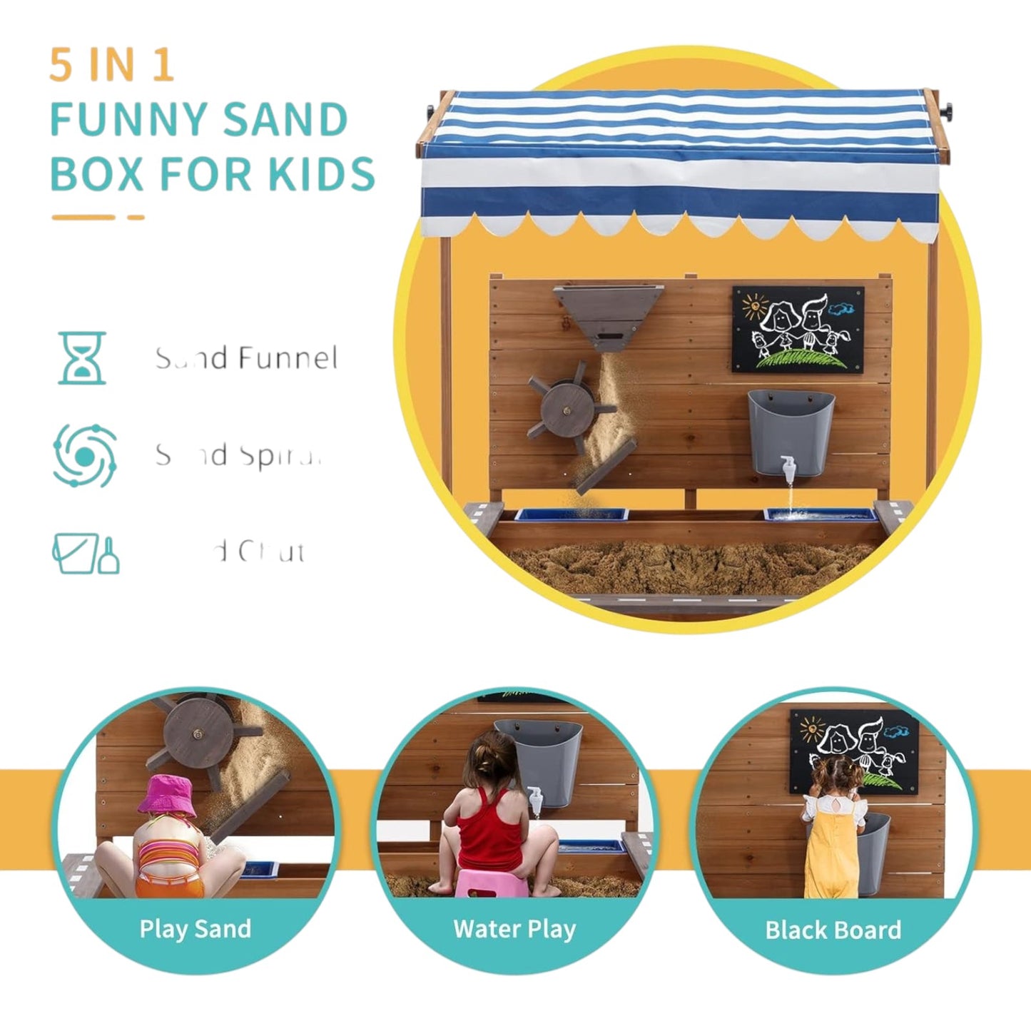 Sabbiera in legno per bambini GINGER HOME con tetto regolabile, accessori da gioco 120x120x120 cm - Ideale per cortile e giardino