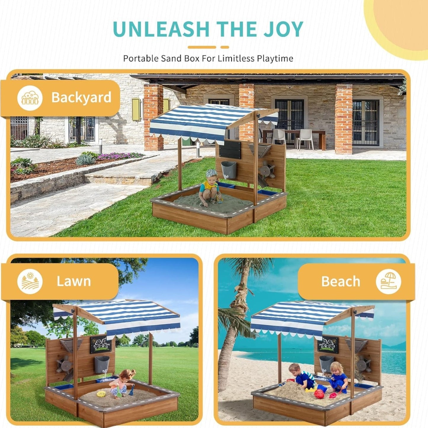 Sabbiera in legno per bambini GINGER HOME con tetto regolabile, accessori da gioco 120x120x120 cm - Ideale per cortile e giardino