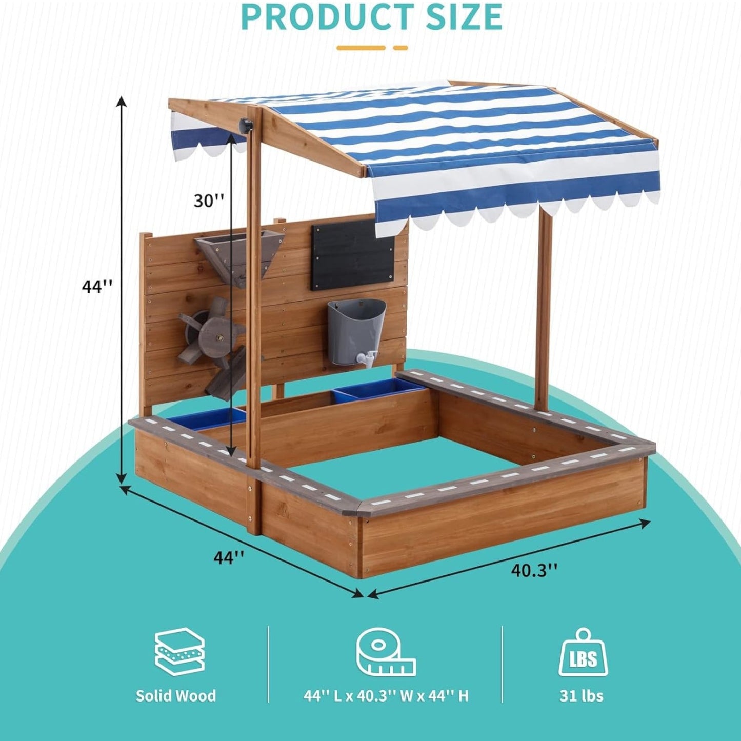 Sabbiera in legno per bambini GINGER HOME con tetto regolabile, accessori da gioco 120x120x120 cm - Ideale per cortile e giardino