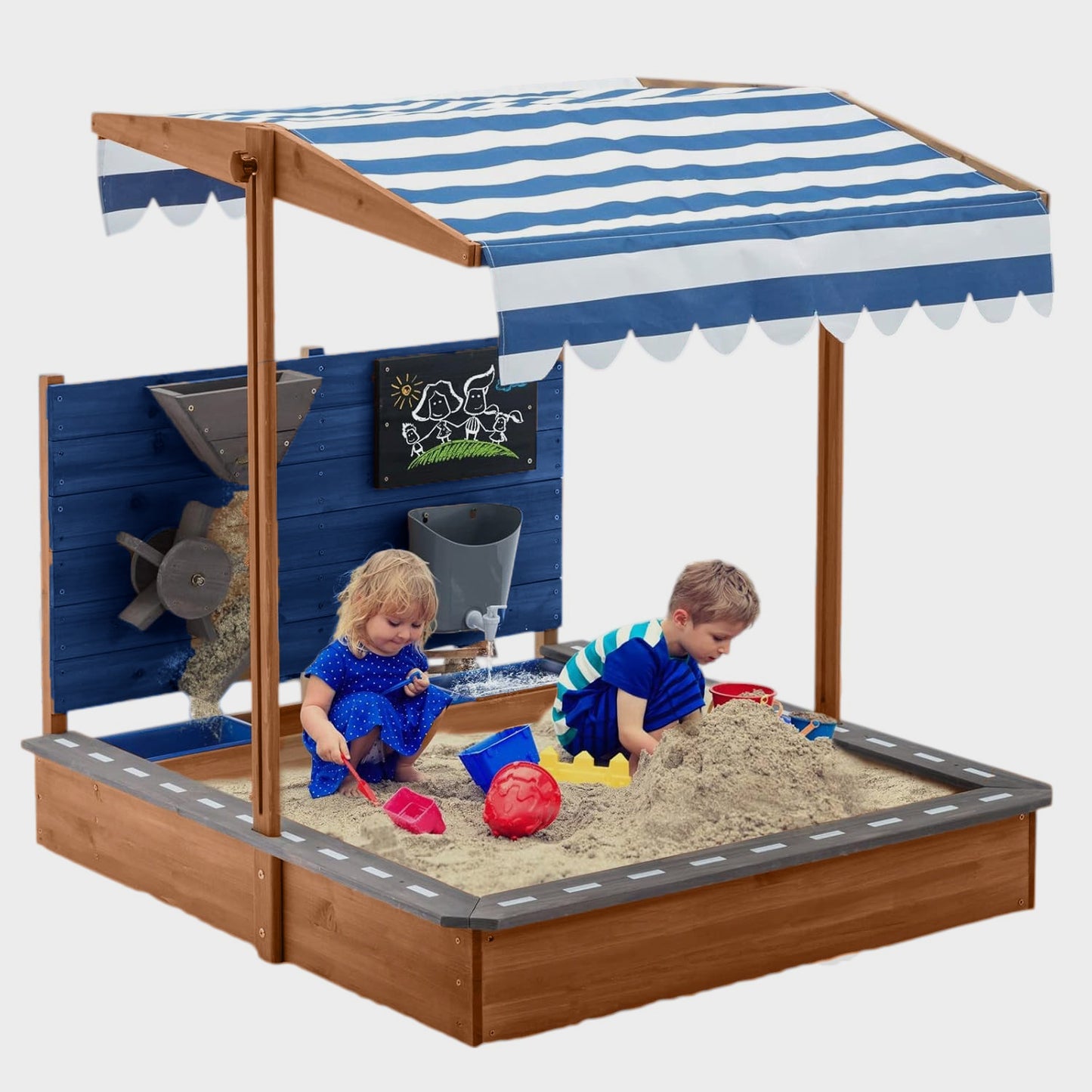 Sabbiera in legno per bambini GINGER HOME con tetto regolabile, accessori da gioco 120x120x120 cm - Ideale per cortile e giardino