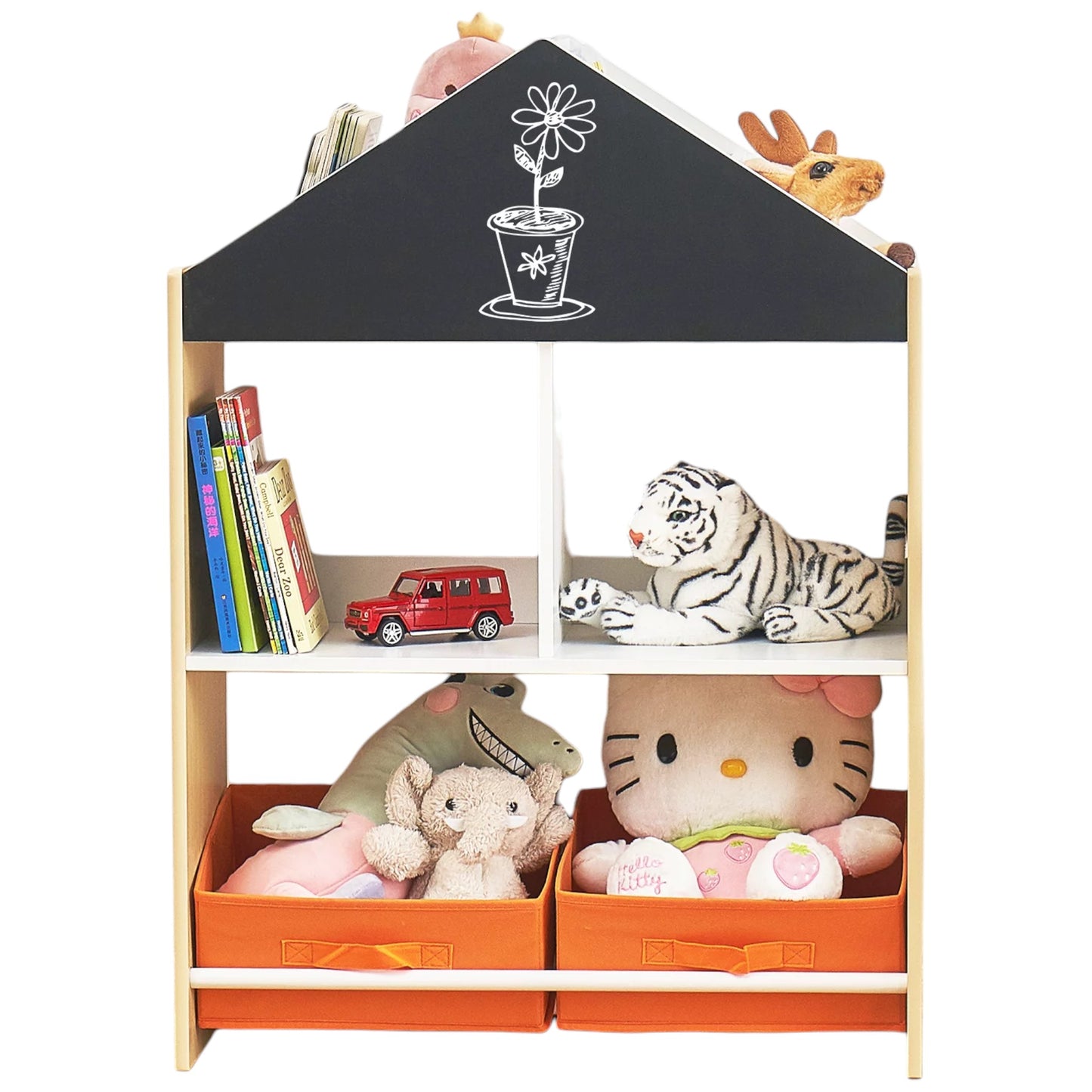 Етажерка за Играчки и Книжки GINGER HOME, Черна Дъска за Писане, Къщичка, Дърво