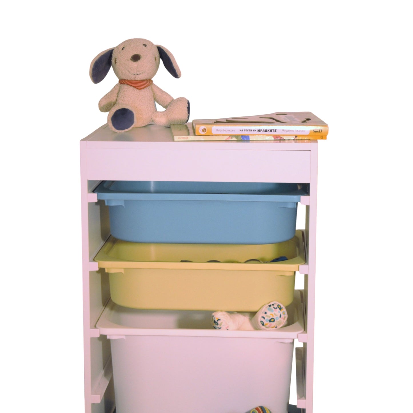 GINGER HOME Mobiletto per bambini, scaffale porta giocattoli con 4 contenitori, bianco