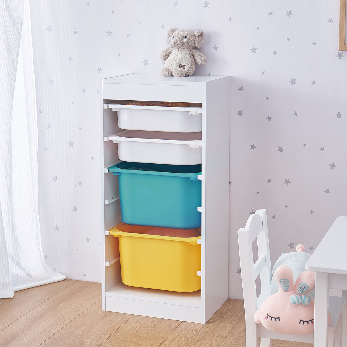 GINGER HOME Mobiletto per bambini, scaffale porta giocattoli con 4 contenitori, bianco