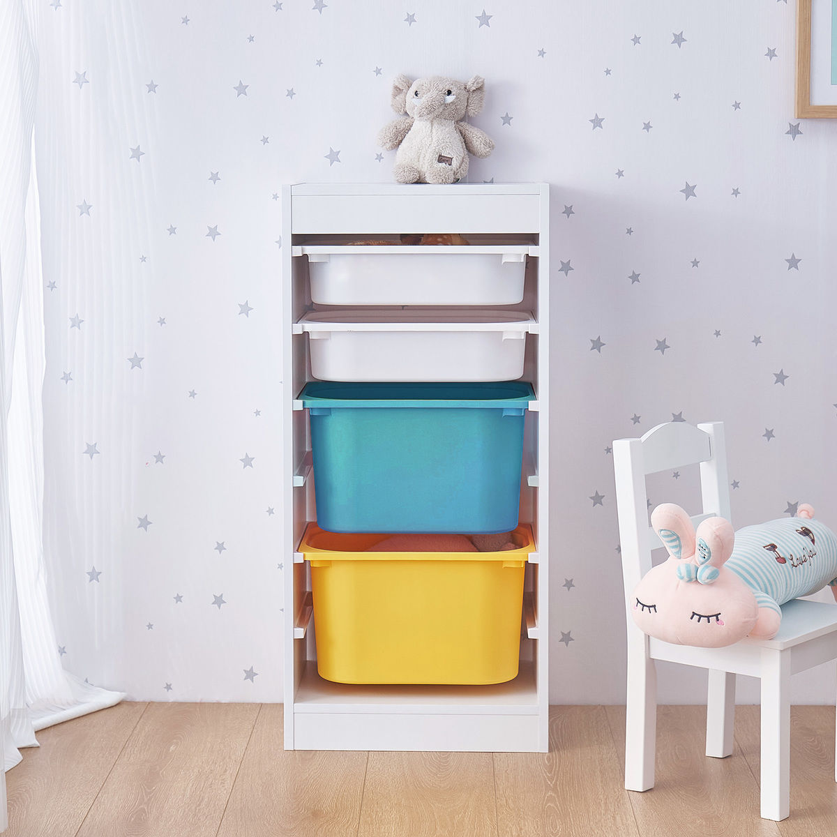 GINGER HOME Mobiletto per bambini, scaffale porta giocattoli con 4 contenitori, bianco