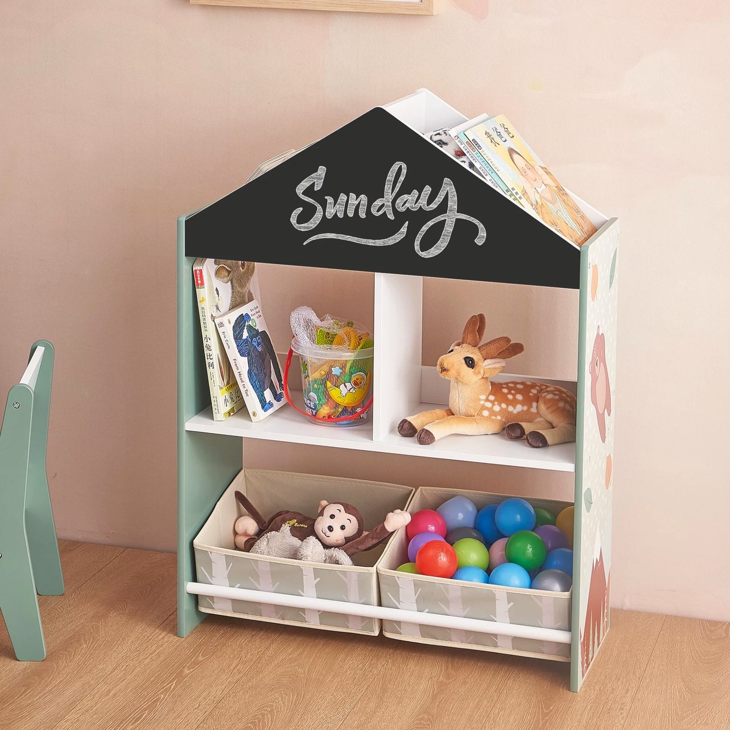 Детски Шкаф GINGER HOME, Етажерказа Играчки и Книжки  с Мече, Черна Дъска за Писане, Къщичка FOREST