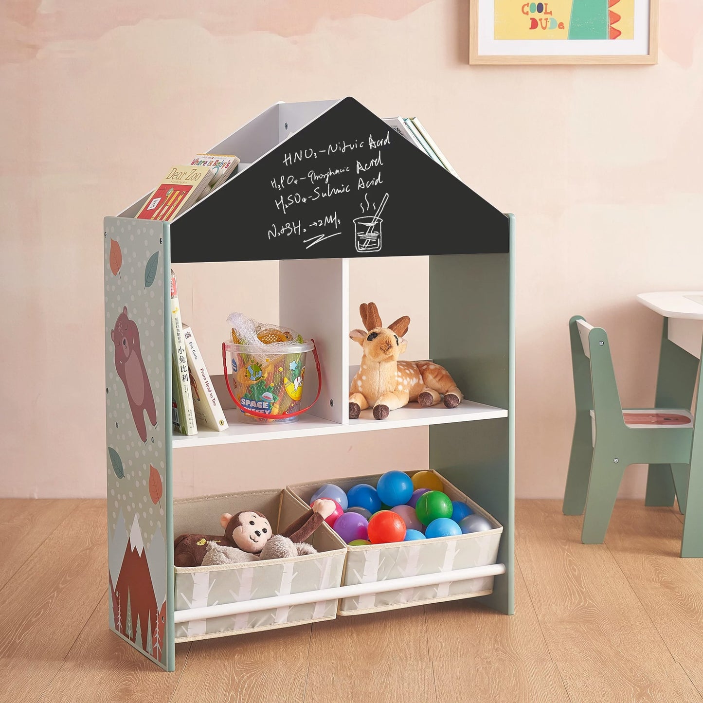 Детски Шкаф GINGER HOME, Етажерказа Играчки и Книжки  с Мече, Черна Дъска за Писане, Къщичка FOREST