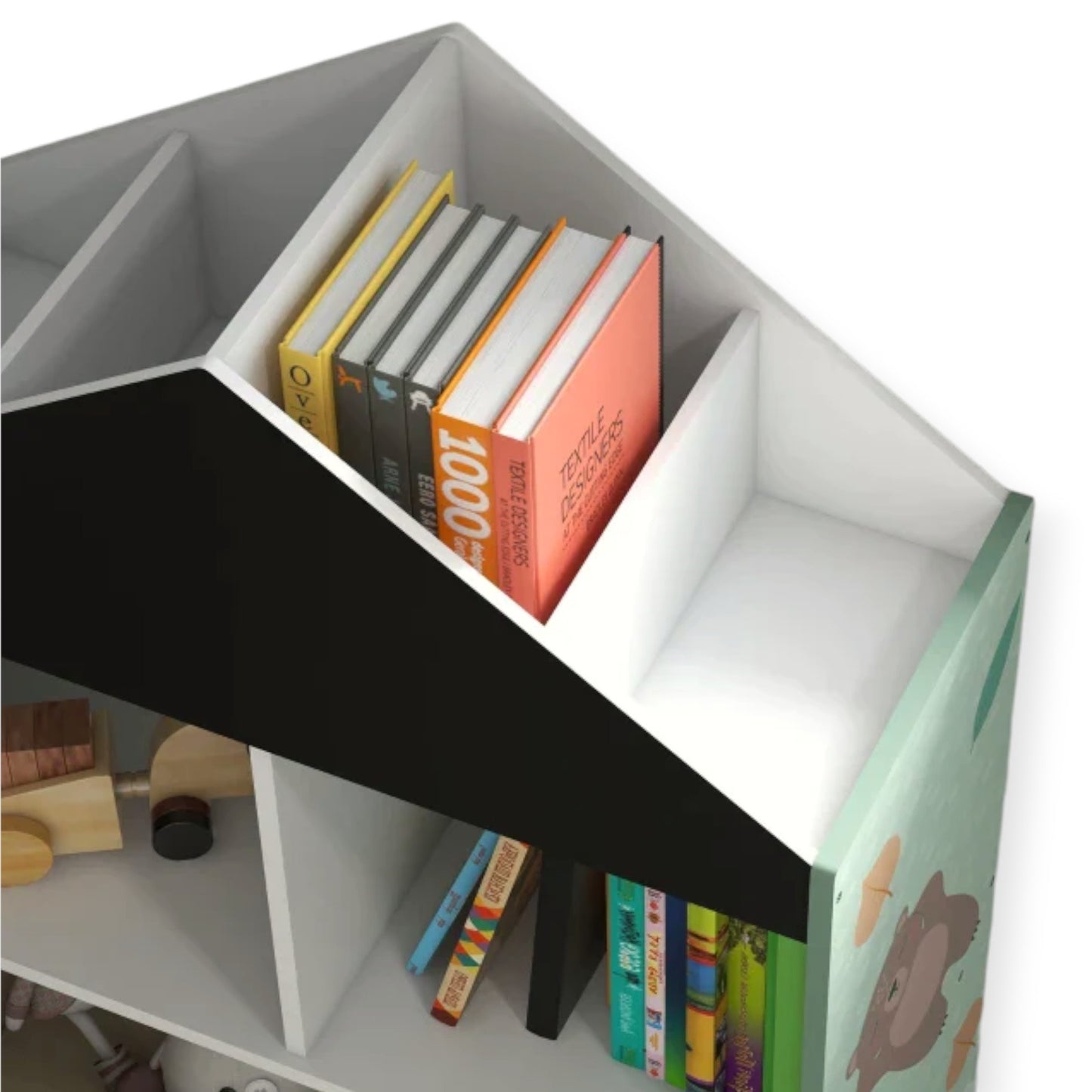 Детски Шкаф GINGER HOME, Етажерказа Играчки и Книжки  с Мече, Черна Дъска за Писане, Къщичка FOREST