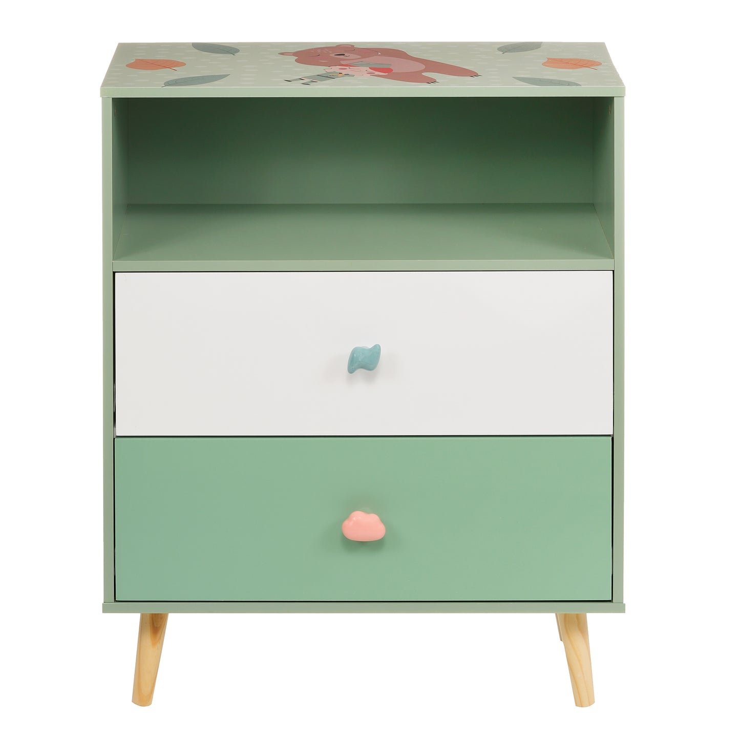 Детски Шкаф за Играчки и Дрехи GINGER HOME, Етажерка за Детска Стая с 2 чекмеджета, Мече, FOREST