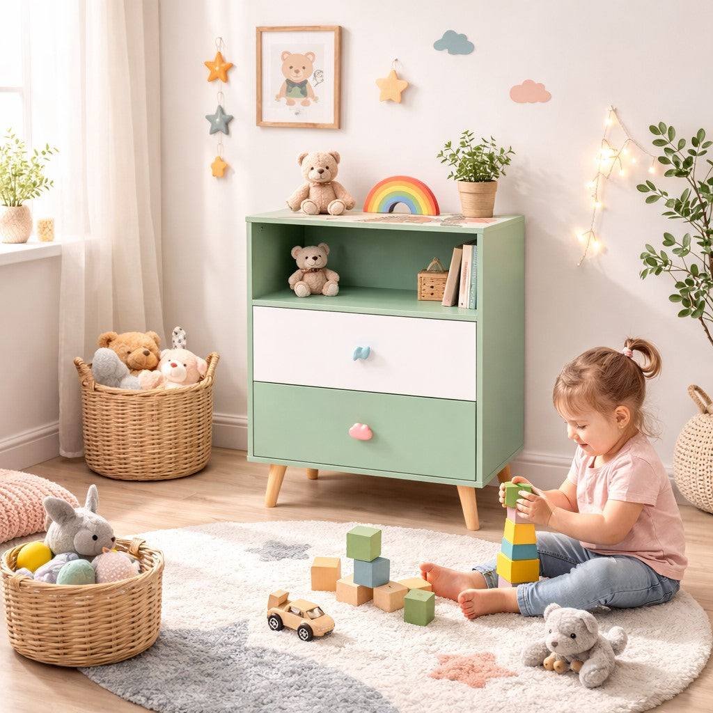 Детски шкаф GINGER HOME Forest в модерна детска стая с играещо дете и играчки