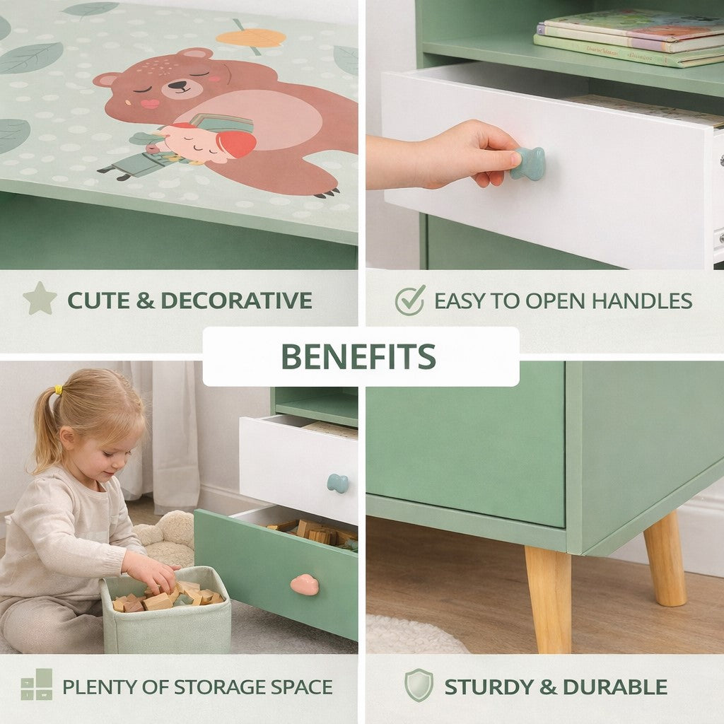 Mobile per Bambini GINGER HOME FOREST – Armadietto per Giocattoli e Vestiti con 2 Cassetti, Scaffale e Design Orsetto