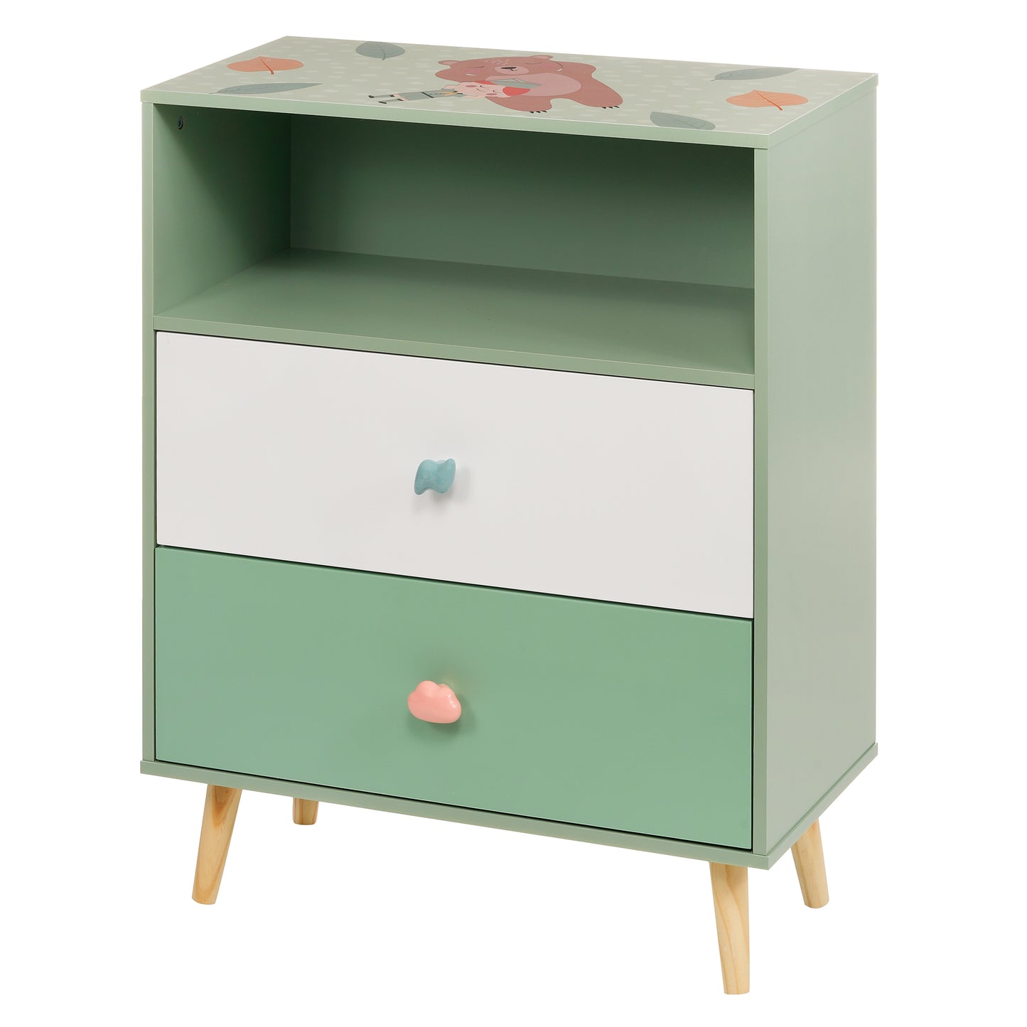 Детски Шкаф за Играчки и Дрехи GINGER HOME, Етажерка за Детска Стая с 2 чекмеджета, Мече, FOREST