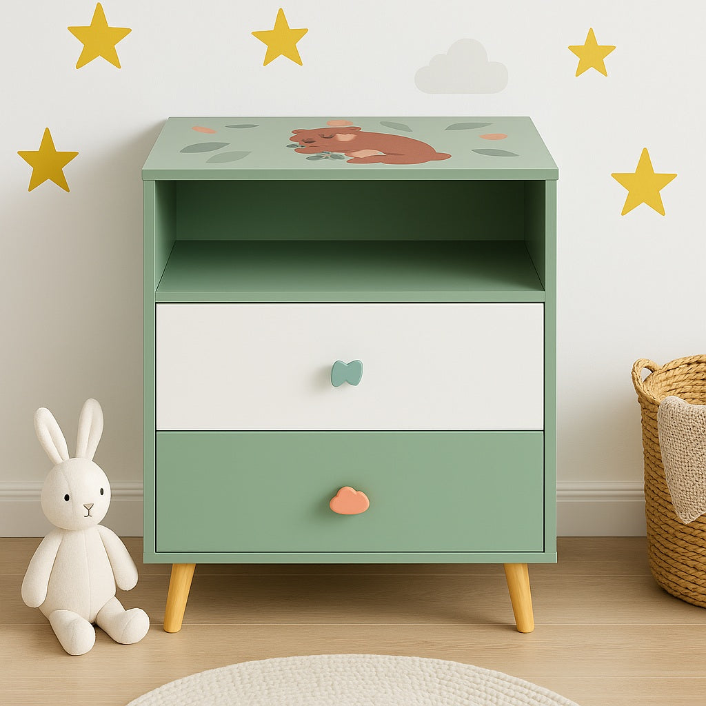 Детски Шкаф за Играчки и Дрехи GINGER HOME, Етажерка за Детска Стая с 2 чекмеджета, Мече, FOREST