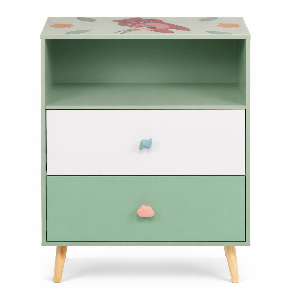 Детски шкаф с чекмеджета GINGER HOME Forest с мече, зелен и бял, фронтален изглед