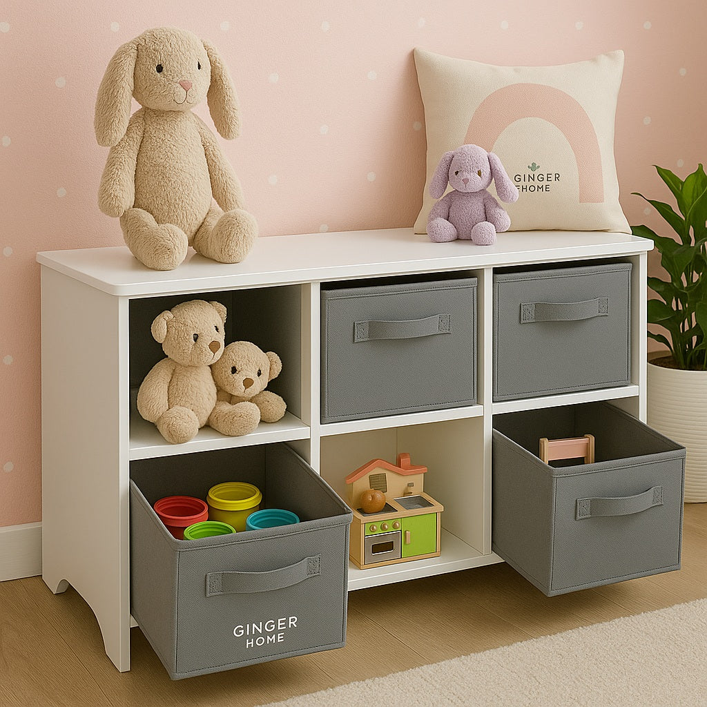 Children's wooden chest of drawers with 6 textile drawers - WHITE/GREY
