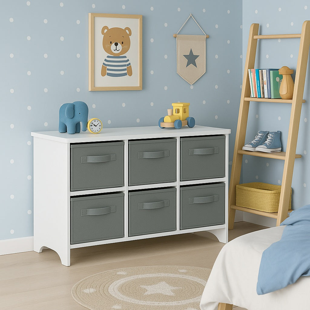 Children's wooden chest of drawers with 6 textile drawers - WHITE/GREY