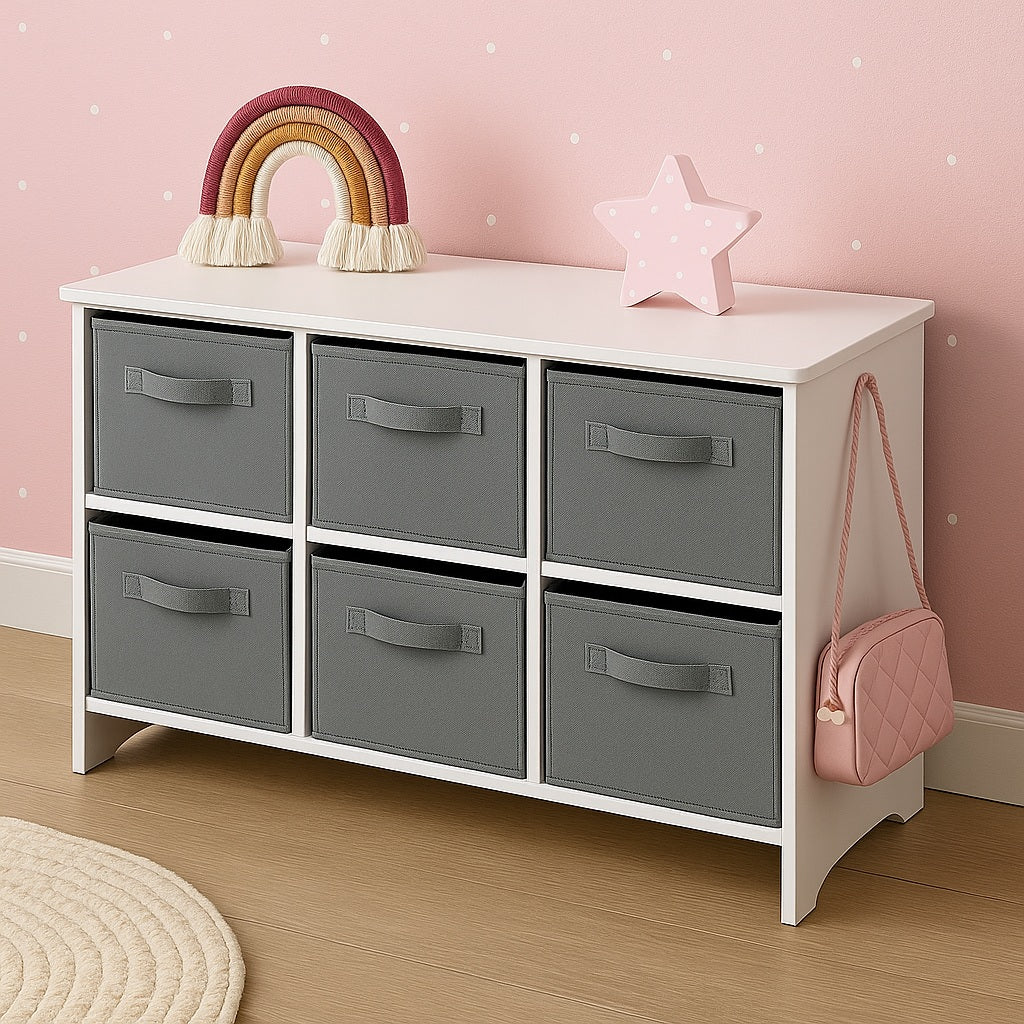 Children's wooden chest of drawers with 6 textile drawers - WHITE/GREY