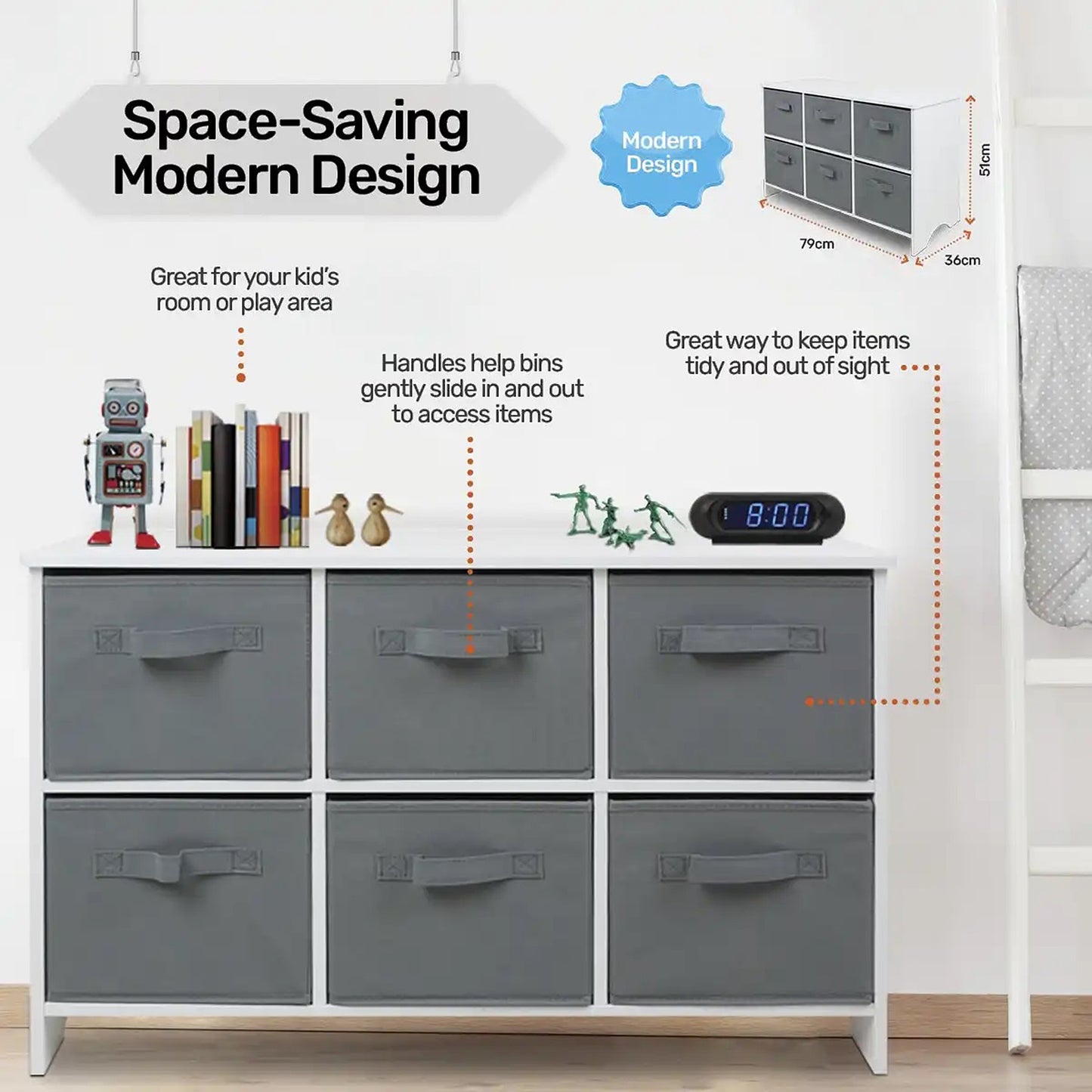 Children's wooden chest of drawers with 6 textile drawers - WHITE/GREY