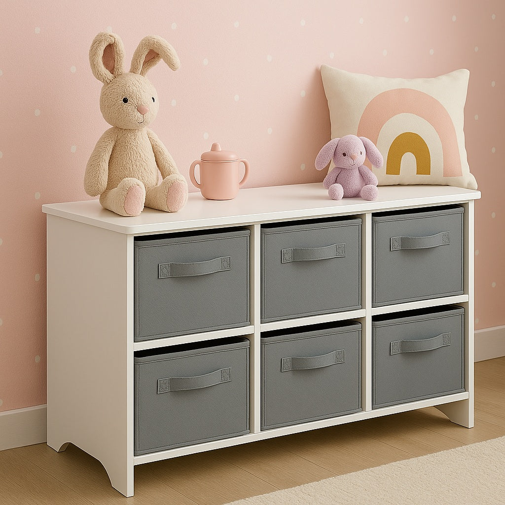 Children's wooden chest of drawers with 6 textile drawers - WHITE/GREY