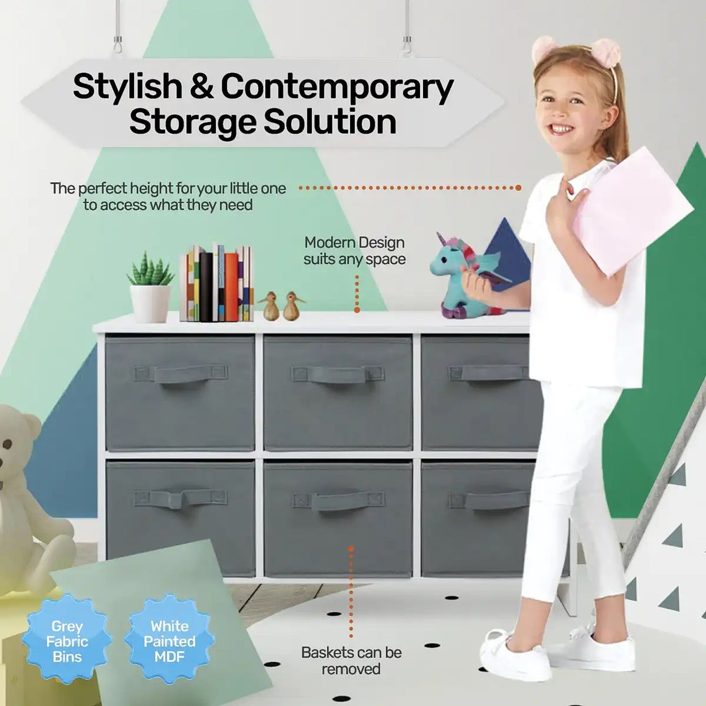 Children's wooden chest of drawers with 6 textile drawers - WHITE/GREY