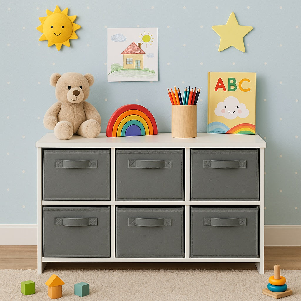 Children's wooden chest of drawers with 6 textile drawers - WHITE/GREY