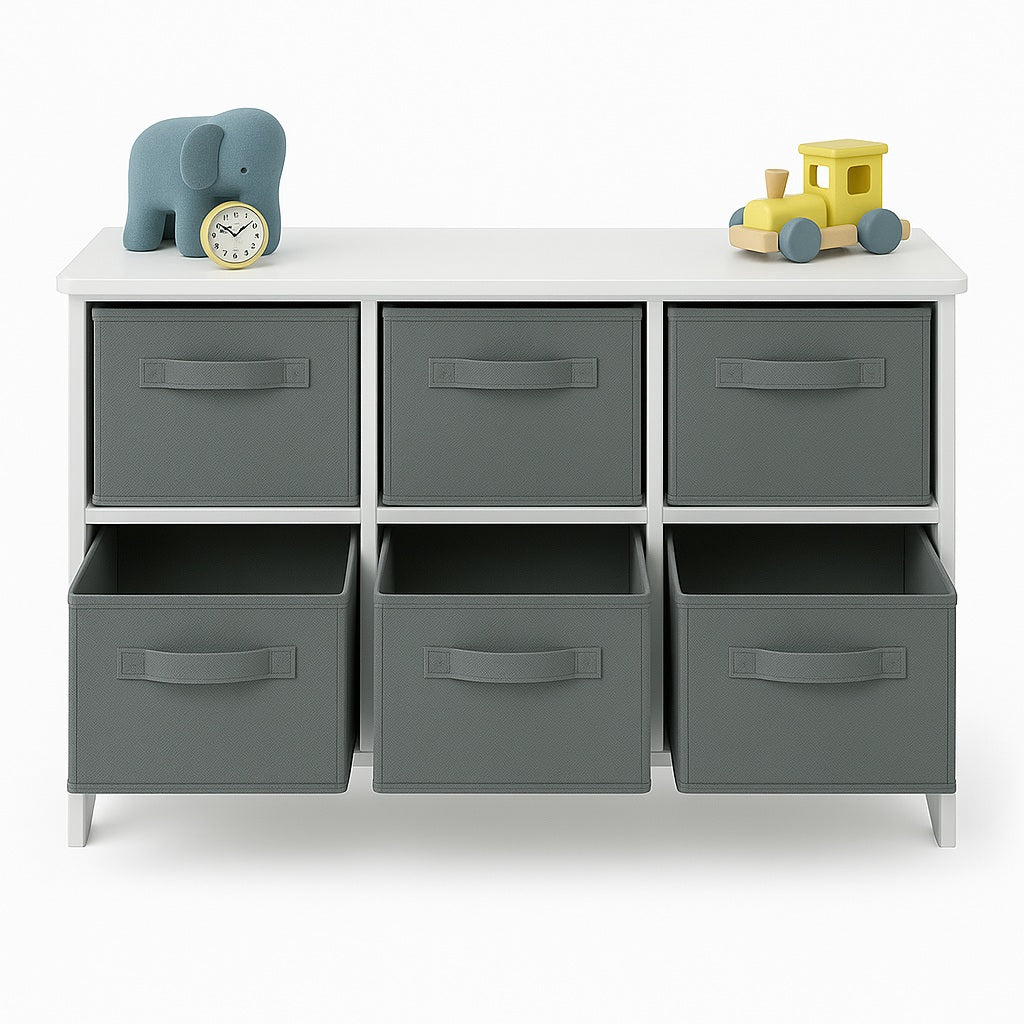 Children's wooden chest of drawers with 6 textile drawers - WHITE/GREY