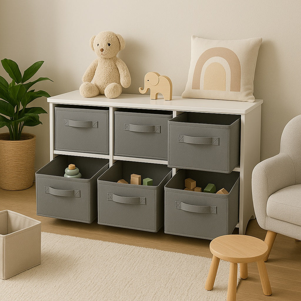 Children's wooden chest of drawers with 6 textile drawers - WHITE/GREY