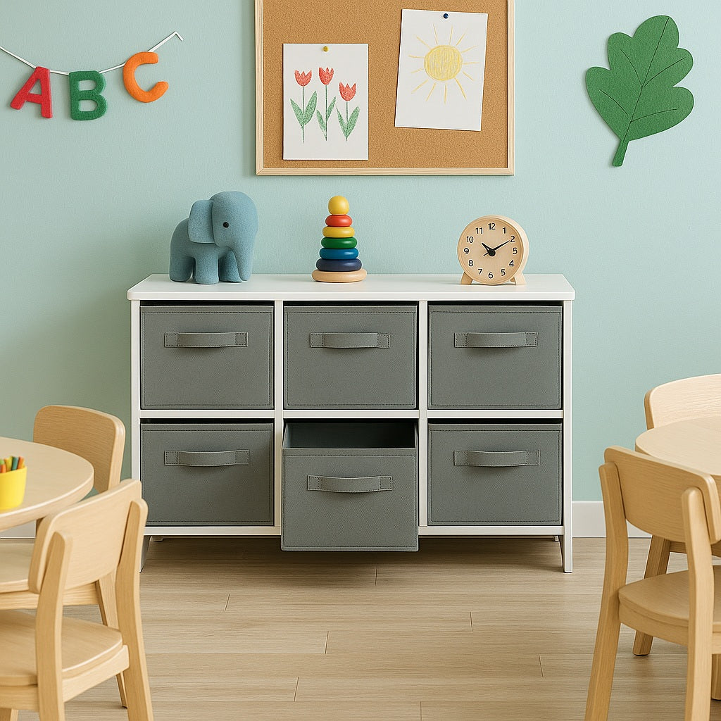 Children's wooden chest of drawers with 6 textile drawers - WHITE/GREY