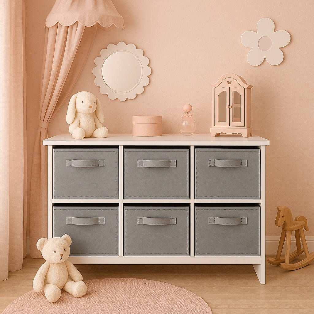 Children's wooden chest of drawers with 6 textile drawers - WHITE/GREY