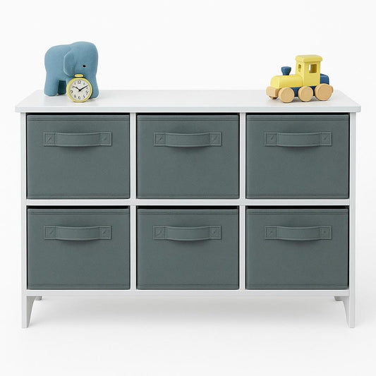 Children's wooden chest of drawers with 6 textile drawers - WHITE/GREY