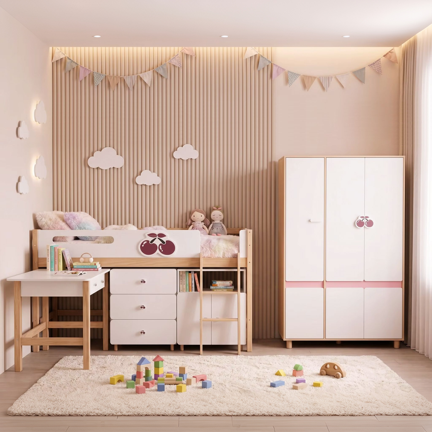 Детски Трикрилен Гардероб GINGER HOME CHERRY, с Рафтове, Лост за Закачалки и 6 Врати, Бяло, Розово и Натурално Дърво, 120х60х180 см