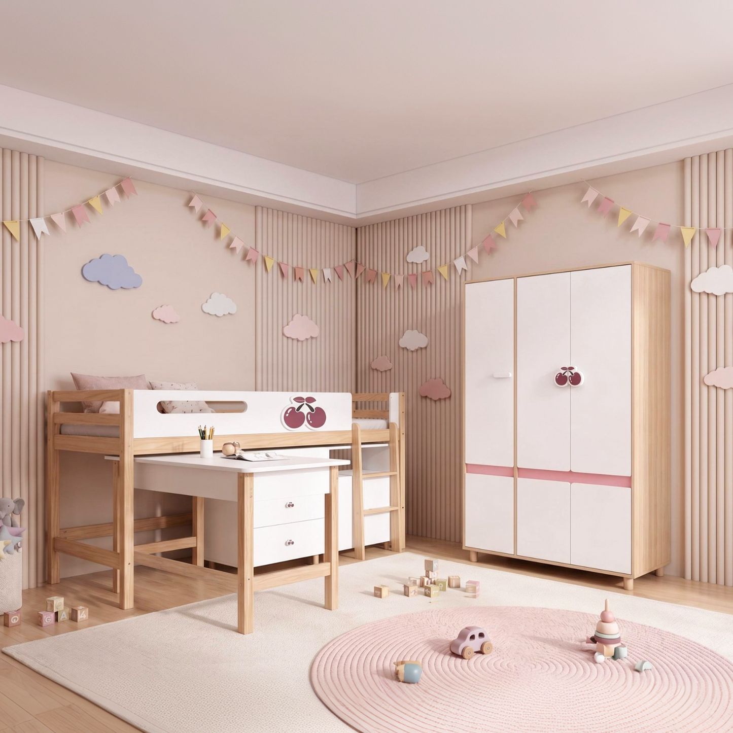 Детски Трикрилен Гардероб GINGER HOME CHERRY, с Рафтове, Лост за Закачалки и 6 Врати, Бяло, Розово и Натурално Дърво, 120х60х180 см