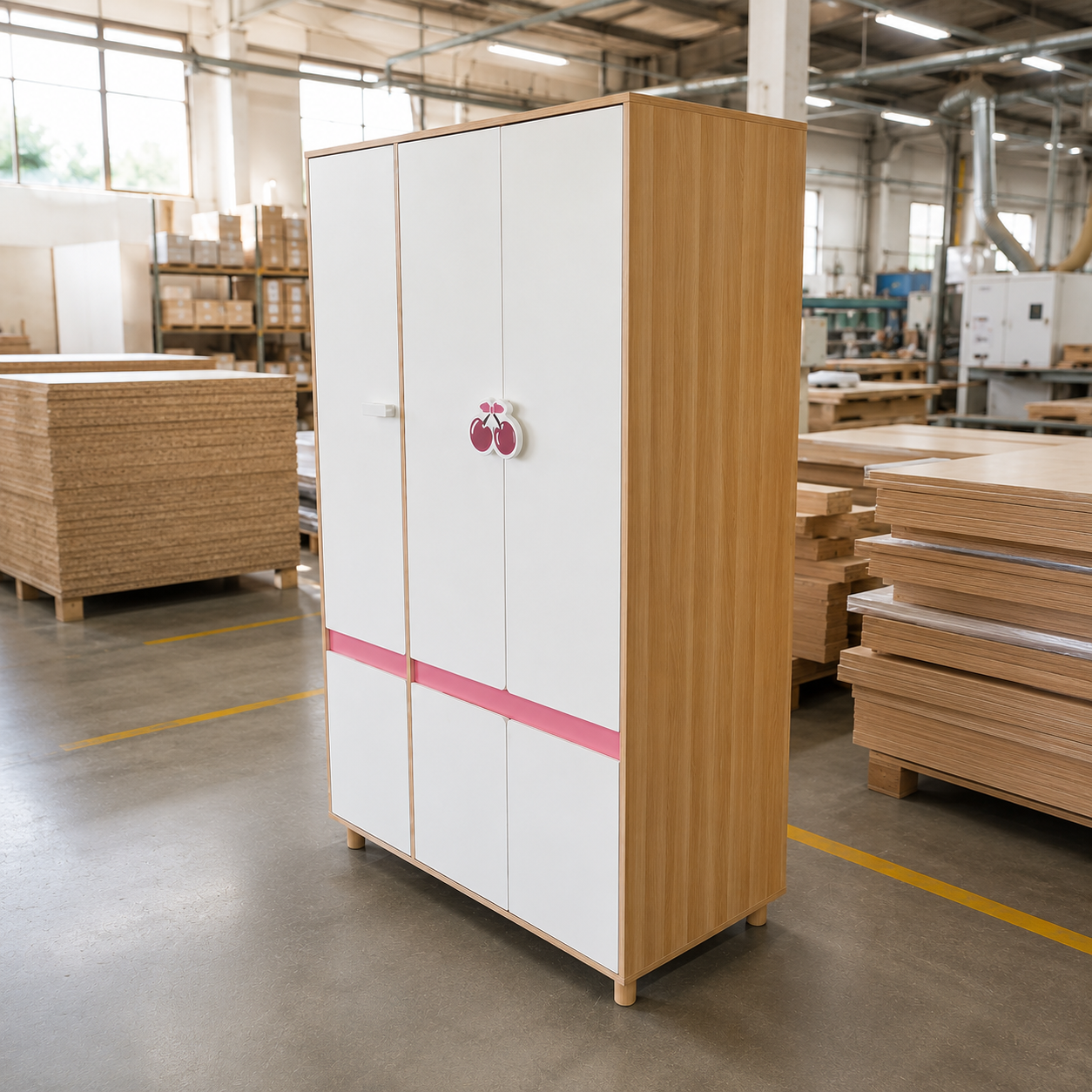 Детски Трикрилен Гардероб GINGER HOME CHERRY, с Рафтове, Лост за Закачалки и 6 Врати, Бяло, Розово и Натурално Дърво, 120х60х180 см