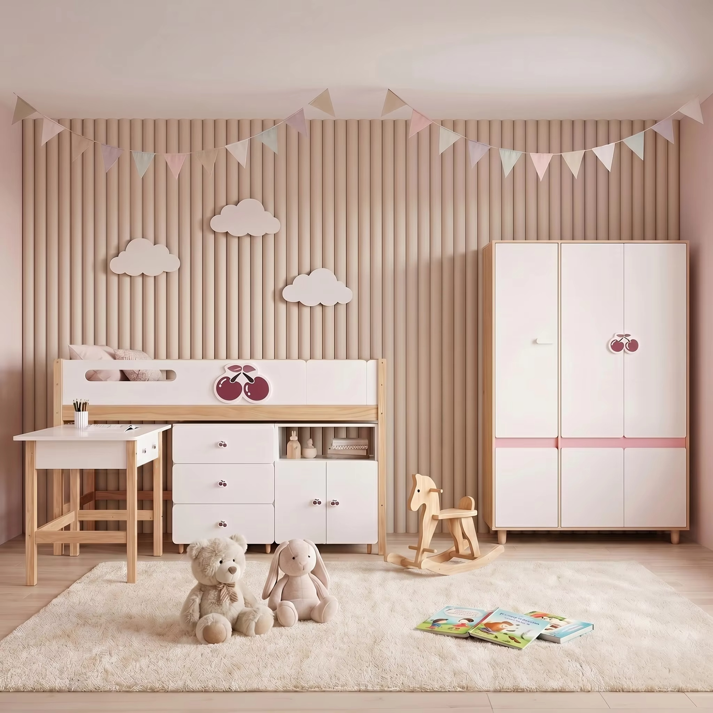Детски Трикрилен Гардероб GINGER HOME CHERRY, с Рафтове, Лост за Закачалки и 6 Врати, Бяло, Розово и Натурално Дърво, 120х60х180 см